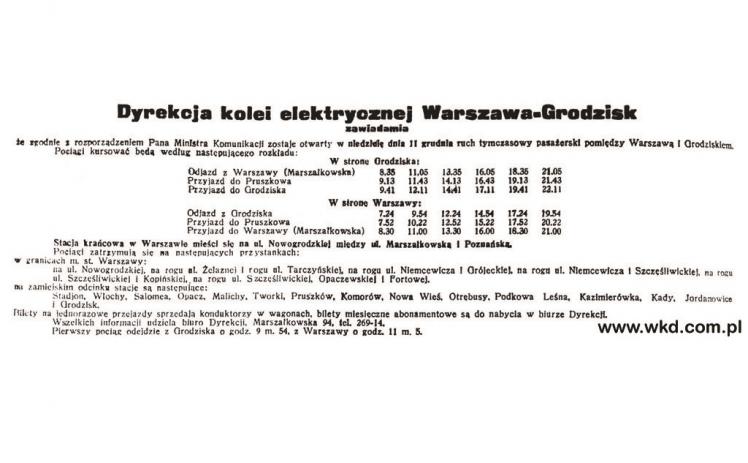 Pierwszy rozkład jazdy kolejowej linii elektrycznej Warszawa – Grodzisk z 11 grudnia 1927 r. zamieszczony w „Kurjerze Warszawskim”